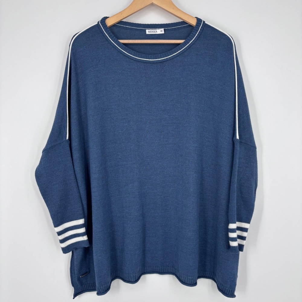 Mersea Catalina Sweater Women OS Blue White Trim Oversized Coastal Nautical